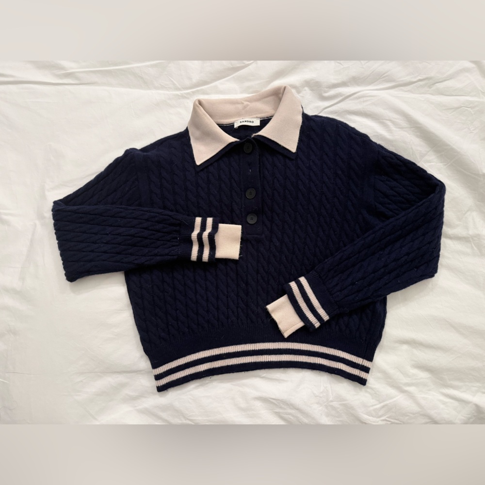 Sandro Navy Cable Nit Collard Pull Over with Cream Accents. Size 2